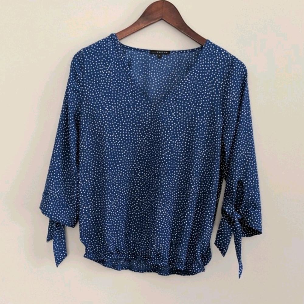West Kei Blue Polka Dot Vneck Tie Sleeve Blouse S